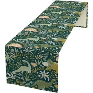 Kids Dinosaur Table Runner Green Linen Jungle Dino Table Decor Dining 13 x 70 In